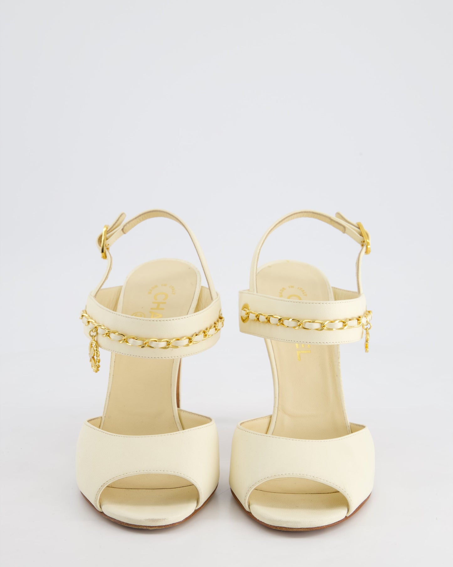 Chanel Cream Slingback Leather Sandals with Gold CC Chain Detail Size EU 39.5