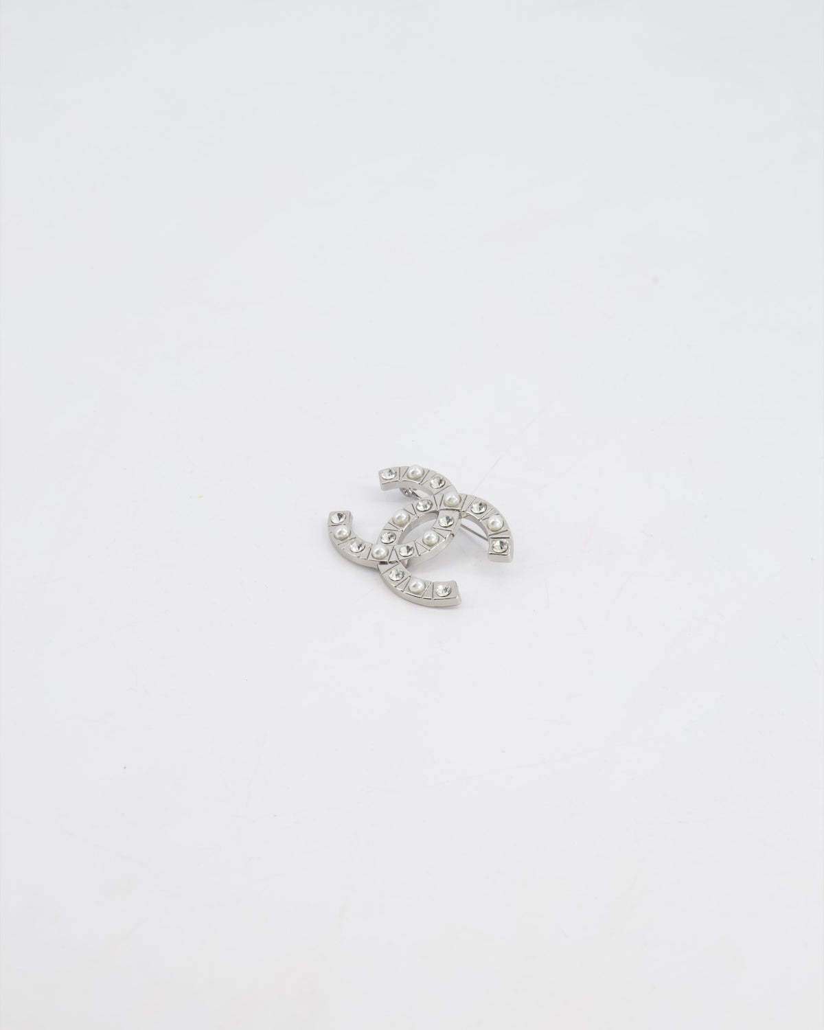 Chanel Silver CC Logo Brooch with Pearl and Crystal Details