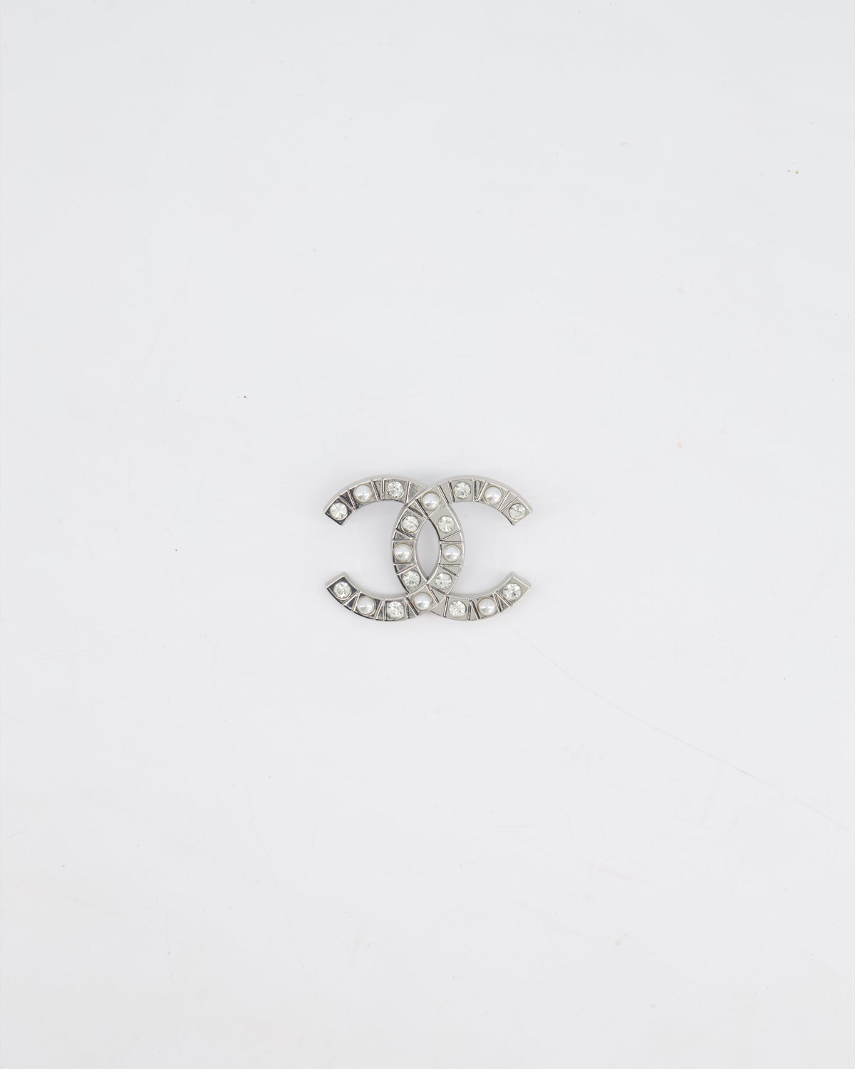 Chanel Silver CC Logo Brooch with Pearl and Crystal Details