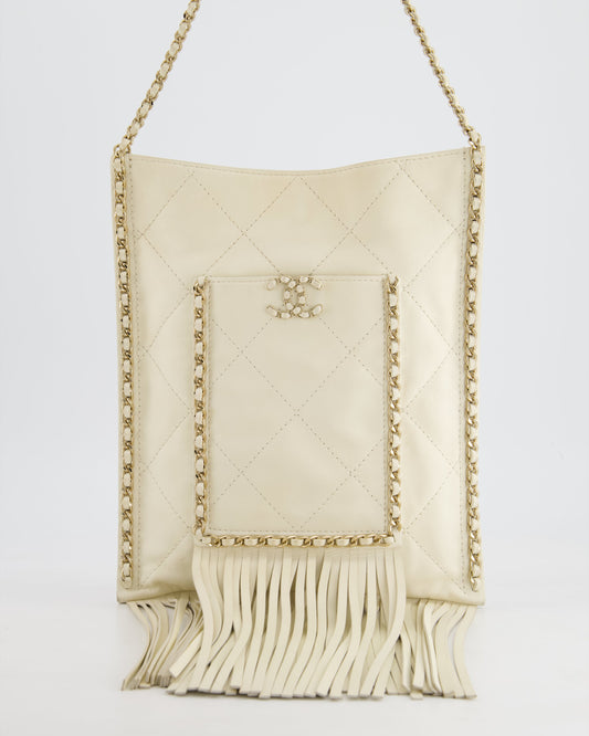 Chanel Cruise 22 Ivory Calfskin Quilted CC Fringe Small Shopping Handbag with Champaign Gold Hardware