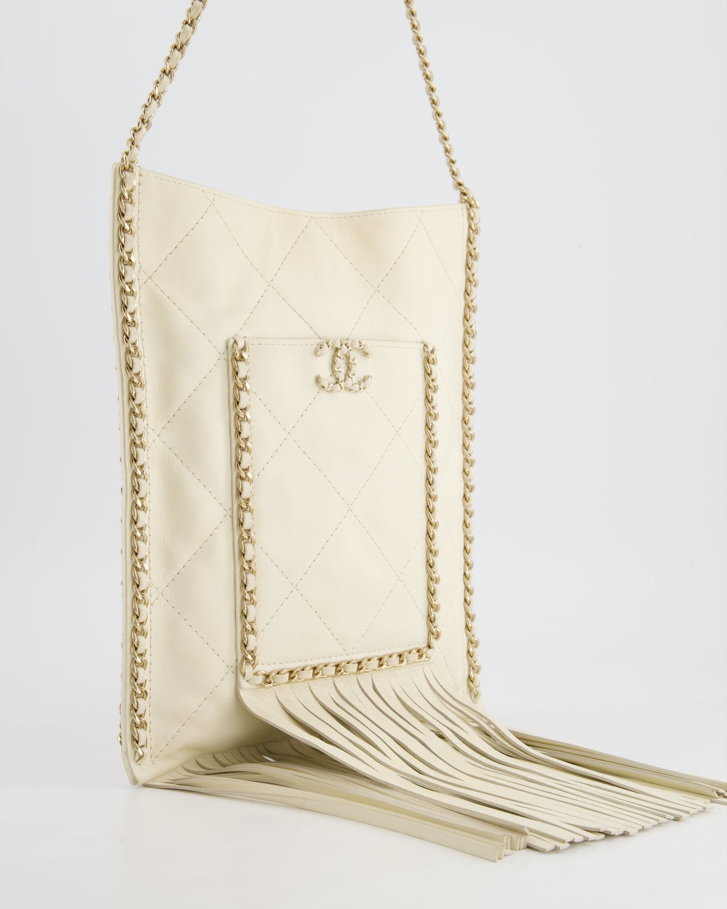 Chanel Cruise 22 Ivory Calfskin Quilted CC Fringe Small Shopping Handbag with Champaign Gold Hardware