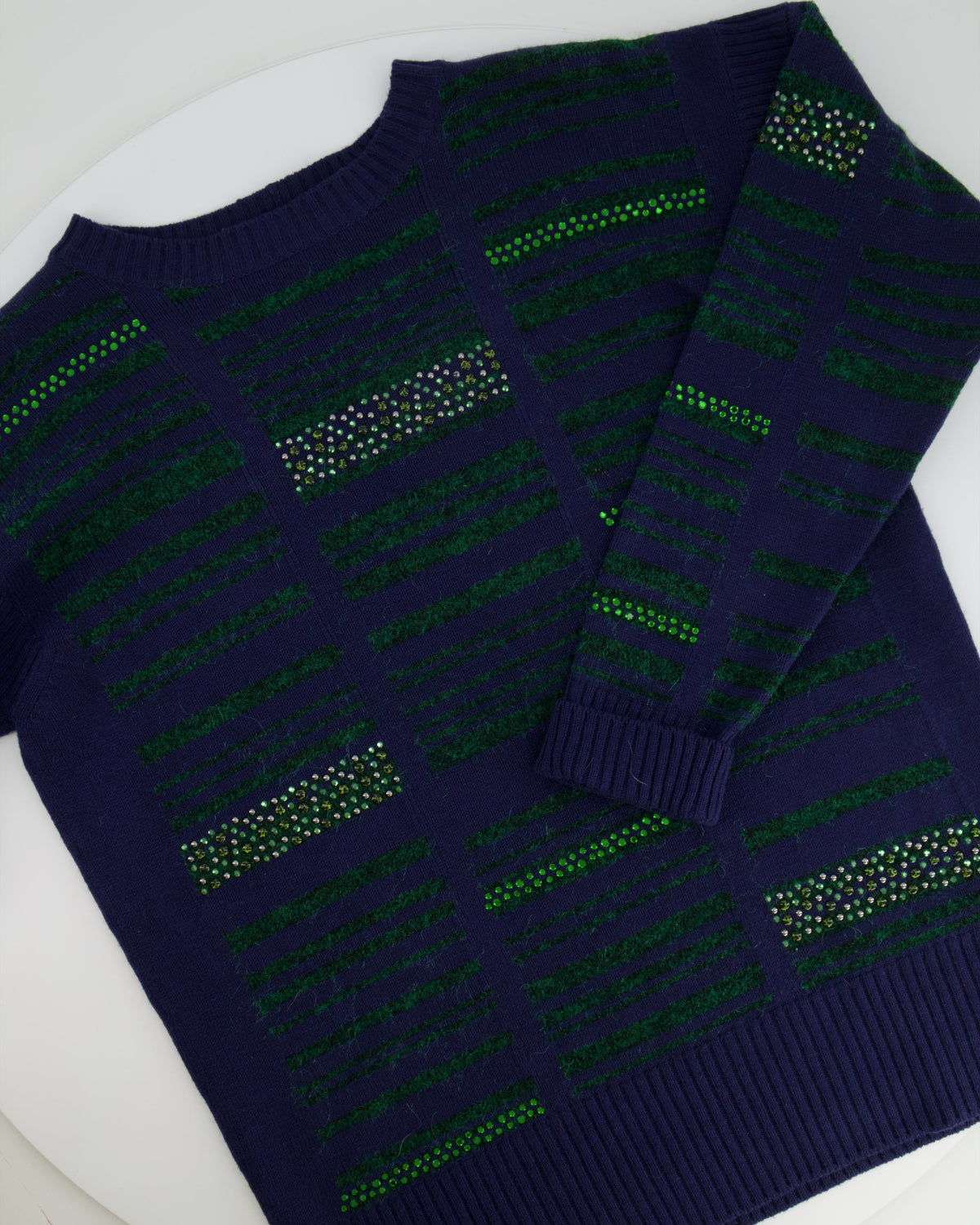 Chanel Navy Cashmere Long-Sleeve Jumper with Green Sequin Embellishments Size FR 36 (UK 8)