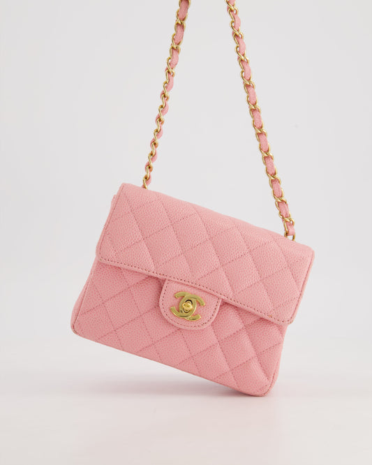 *RARE* Chanel Pink Mini Square Flap Bag in Caviar Leather with 24K Gold Plated Hardware
