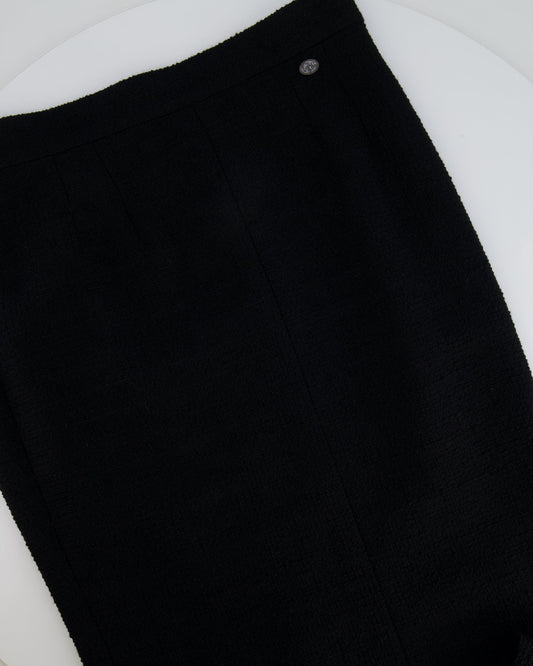 Chanel Coco Cuba Black Wool Tweed Midi Skirt with Multicolour Pleated Silk Slit Detailing Size FR 44 (UK 16)