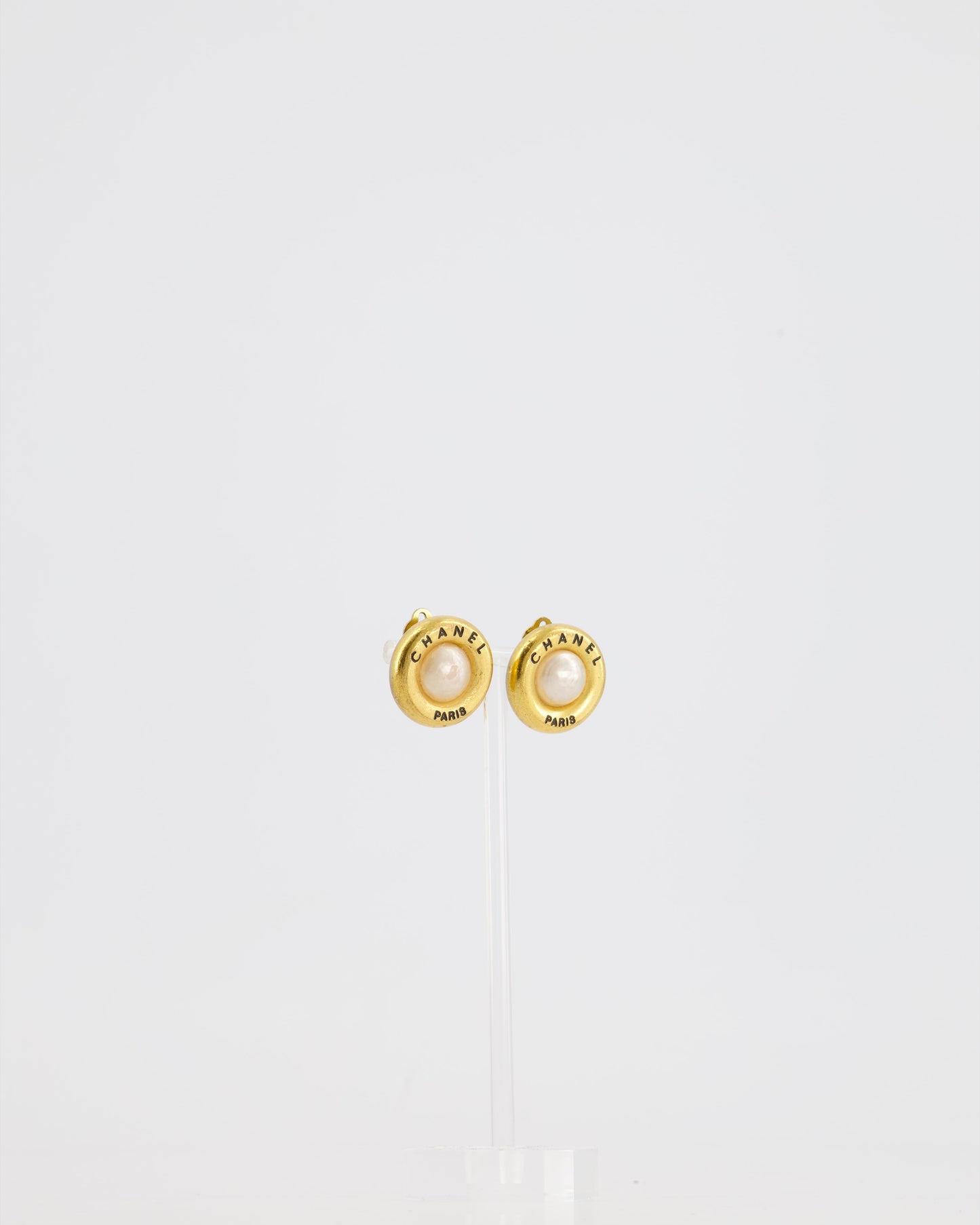 Chanel 95A Vintage Gold Clip-On Earrings with Pearls and Logo Details