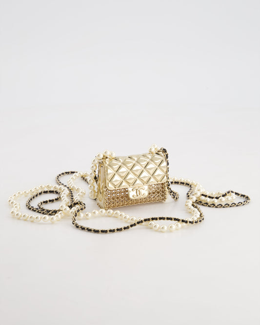 *RARE* Chanel 21S Champagne Gold Bag Charm Necklace with White Pearls & Black Leather Chain Detail