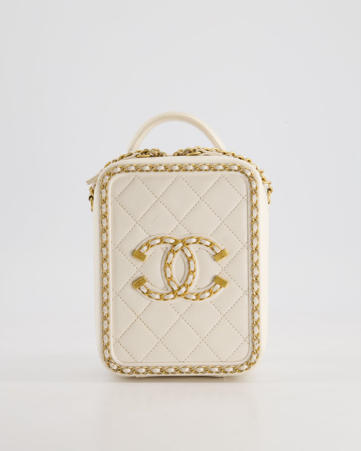 *HOT* Chanel White Calfskin Vertical Vanity Case with Gold Chain Trim Detail and Gold Hardware