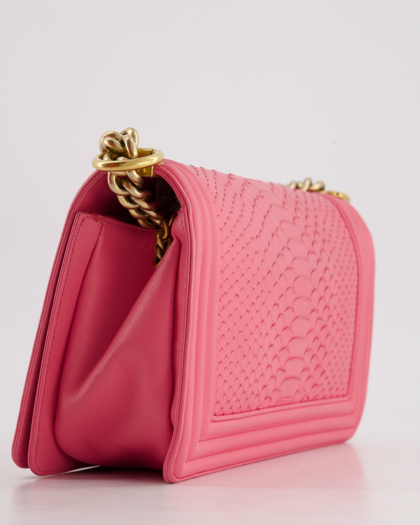 *HOT* Chanel Pink Python Medium Boy Bag with Wallet Clip Chain in Calfskin Leather with Antique Gold Hardware