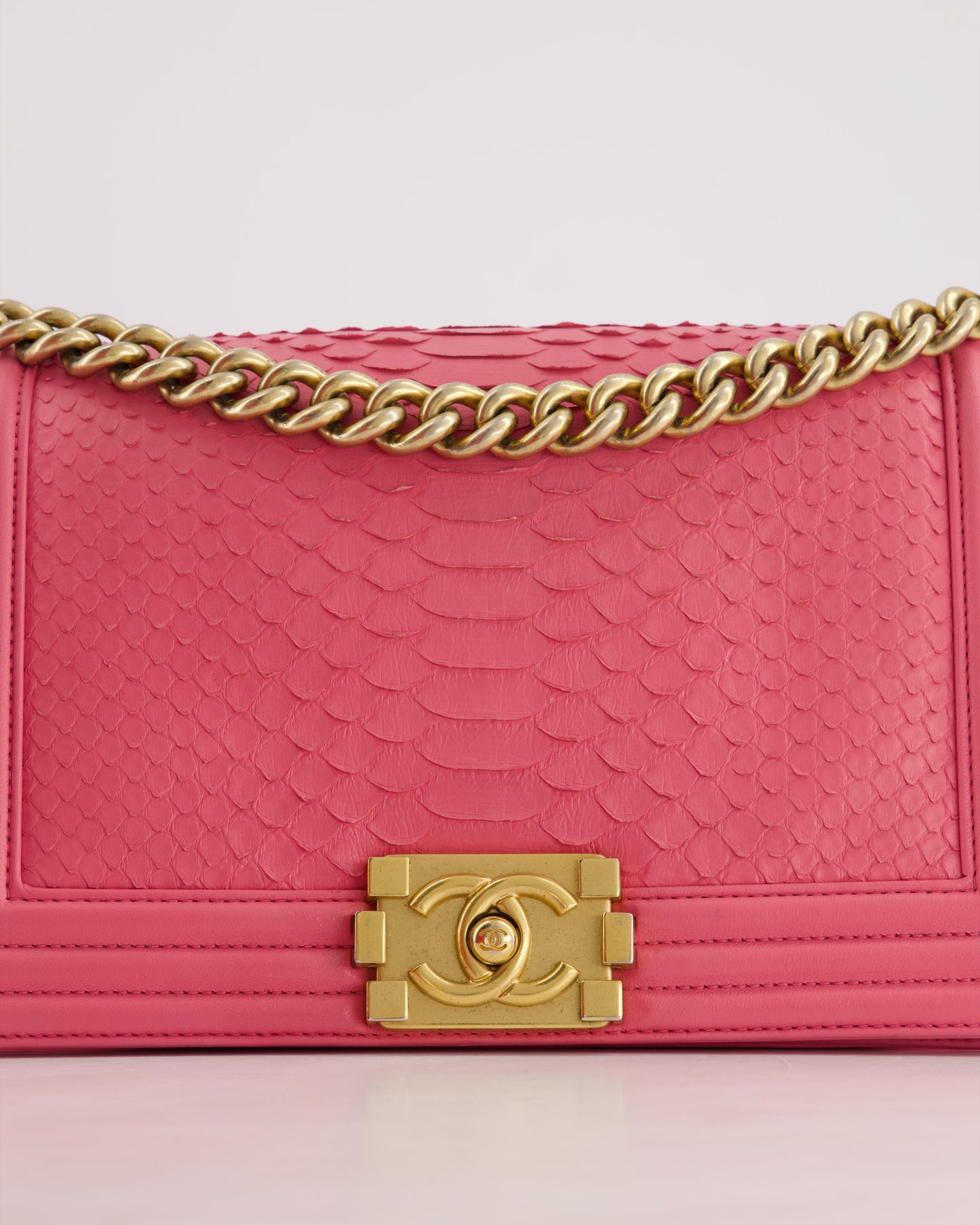 *HOT* Chanel Pink Python Medium Boy Bag with Wallet Clip Chain in Calfskin Leather with Antique Gold Hardware