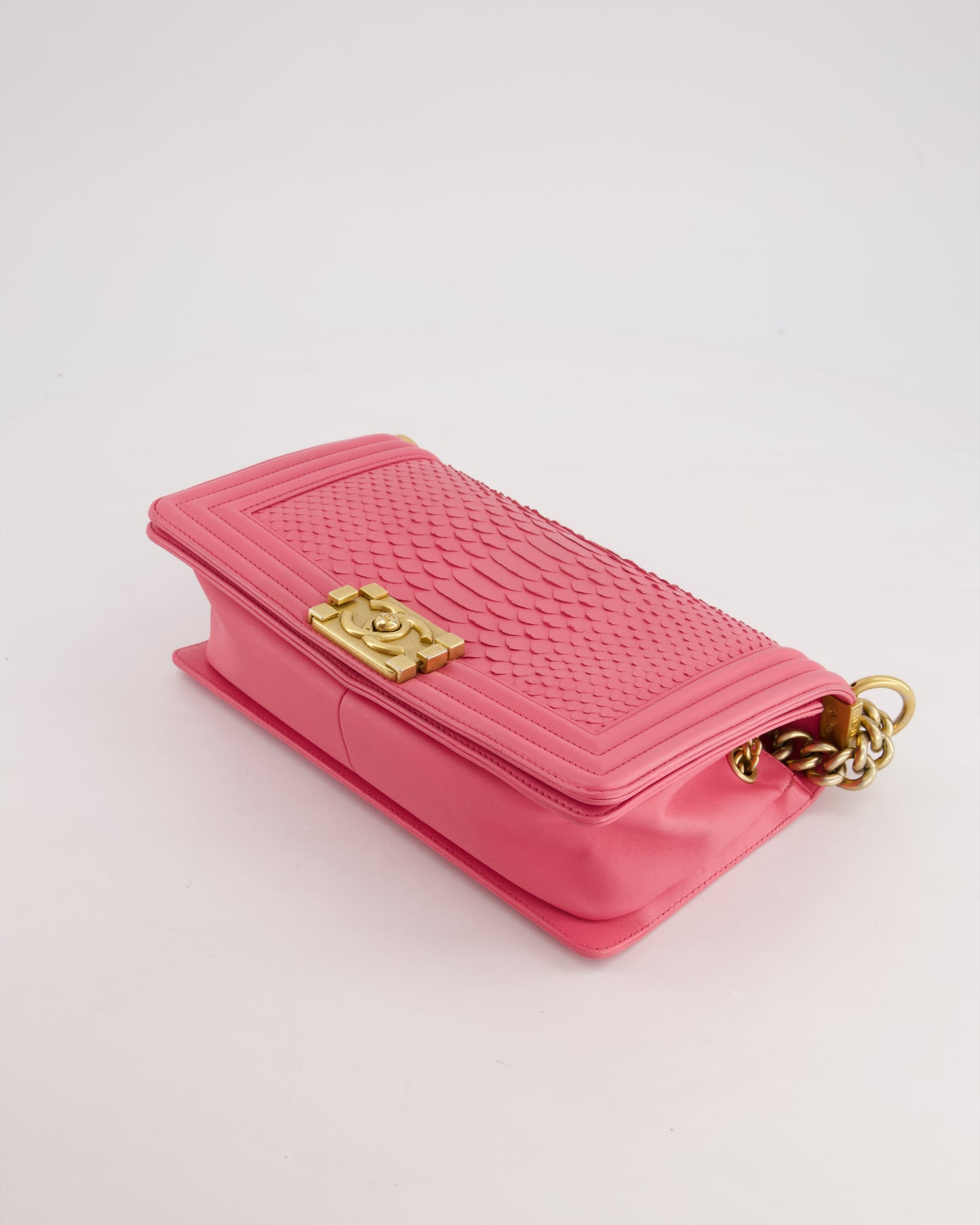 *HOT* Chanel Pink Python Medium Boy Bag with Wallet Clip Chain in Calfskin Leather with Antique Gold Hardware