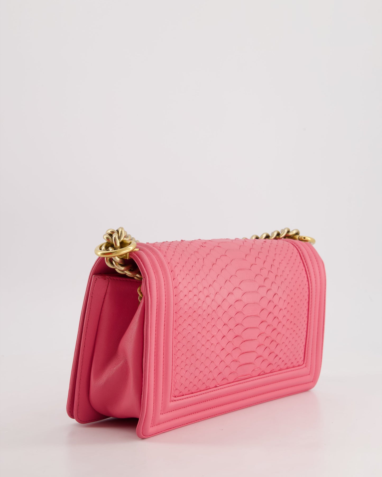 *HOT* Chanel Pink Python Medium Boy Bag with Wallet Clip Chain in Calfskin Leather with Antique Gold Hardware