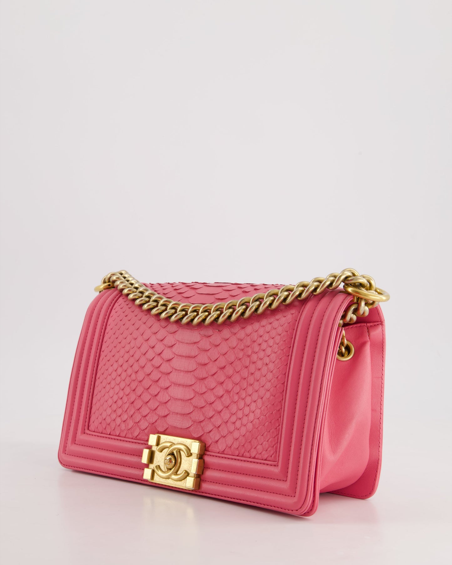 *HOT* Chanel Pink Python Medium Boy Bag with Wallet Clip Chain in Calfskin Leather with Antique Gold Hardware