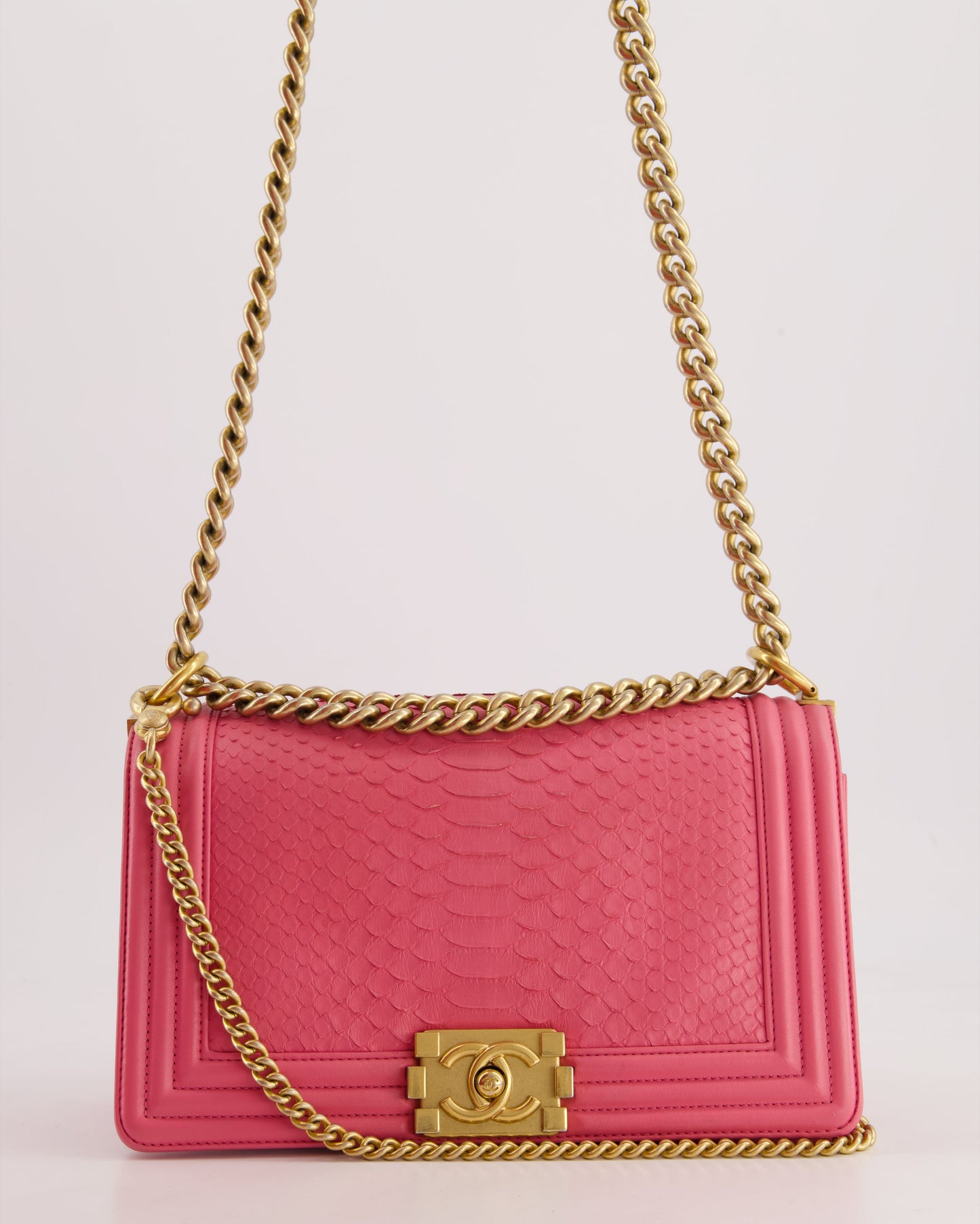 *HOT* Chanel Pink Python Medium Boy Bag with Wallet Clip Chain in Calfskin Leather with Antique Gold Hardware