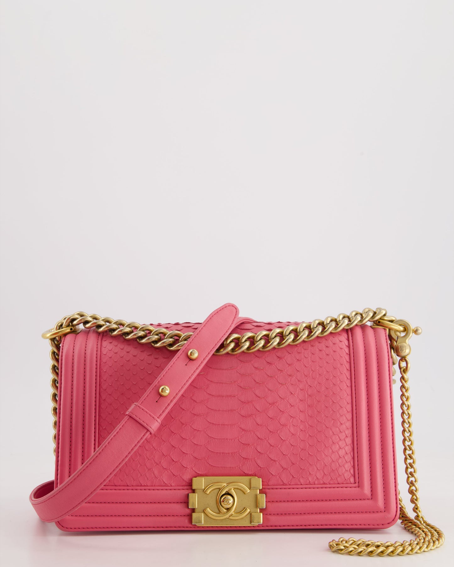 *HOT* Chanel Pink Python Medium Boy Bag with Wallet Clip Chain in Calfskin Leather with Antique Gold Hardware