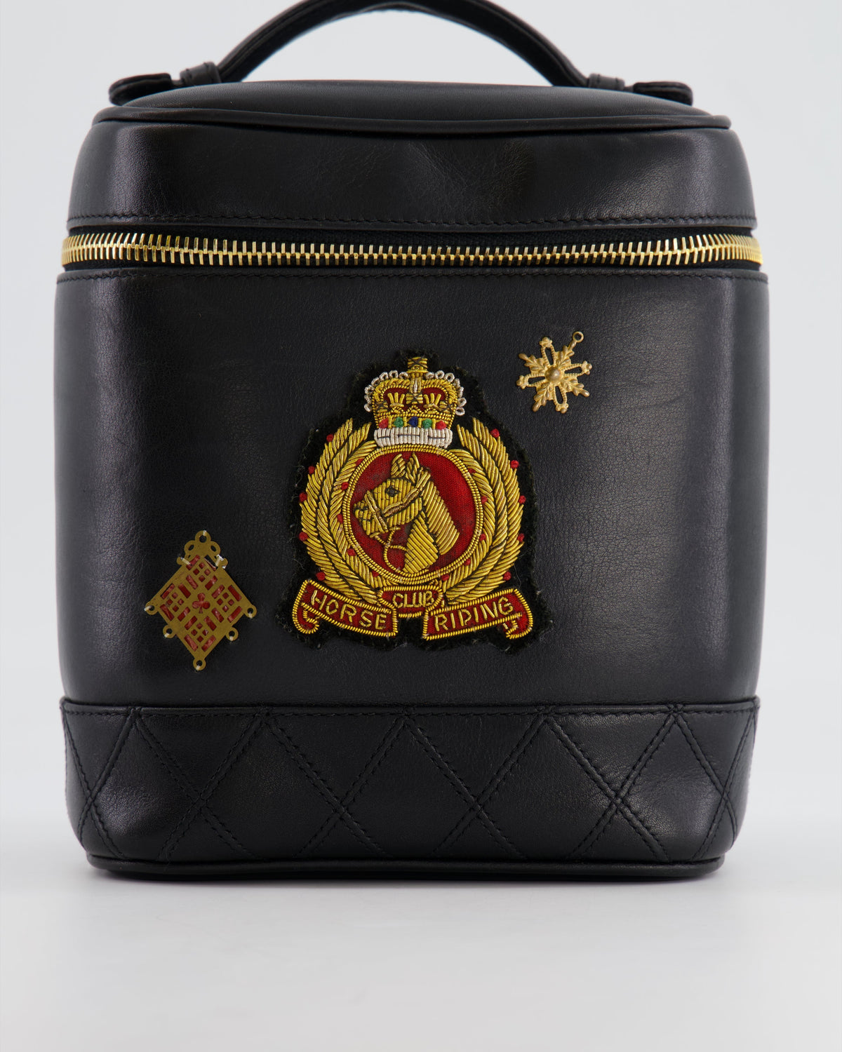 Chanel Vintage Black Lambskin Leather Embroidered Vanity Bag with 24K Gold Hardware
