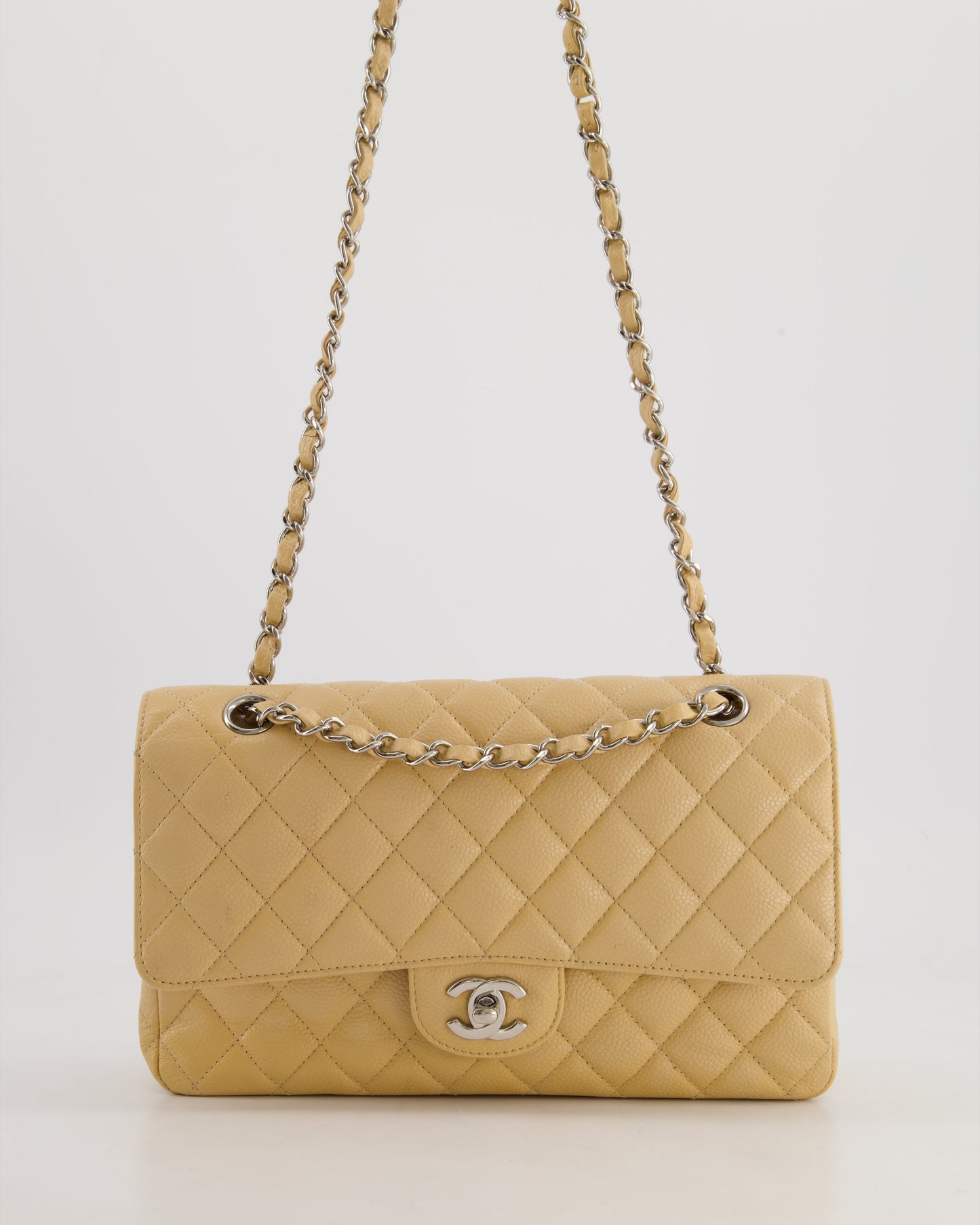 *FIRE PRICE* Chanel Beige Medium Classic Double Flap in Caviar Leather with Silver Hardware