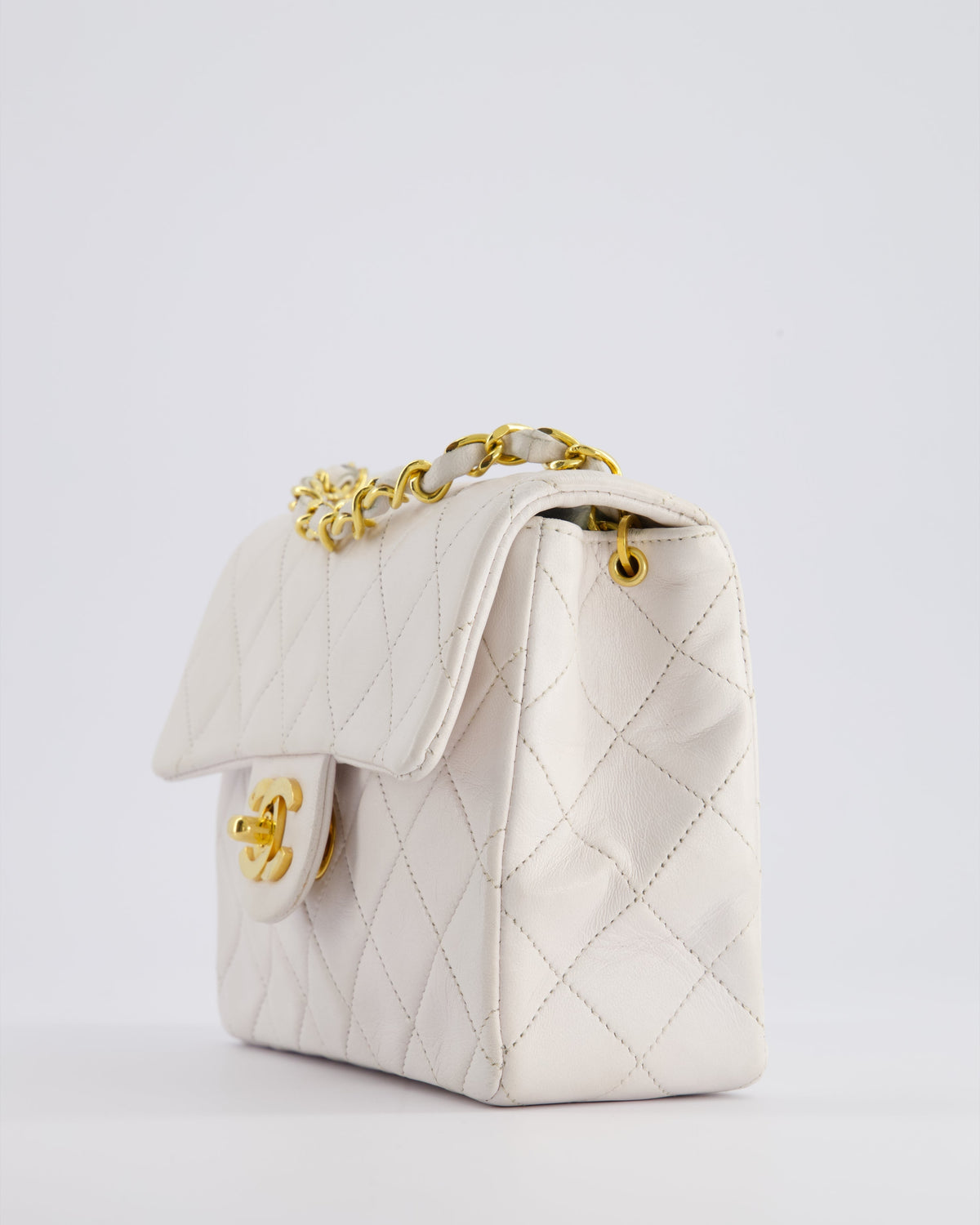Chanel Vintage White Mini Square Bag in Lambskin Leather with 24K Gold Hardware