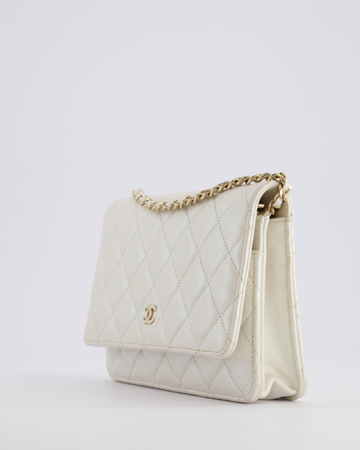 *HOT* Chanel Pearlescent Off-White Wallet on Chain Bag in Calfskin Leather with Champagne Gold Hardware