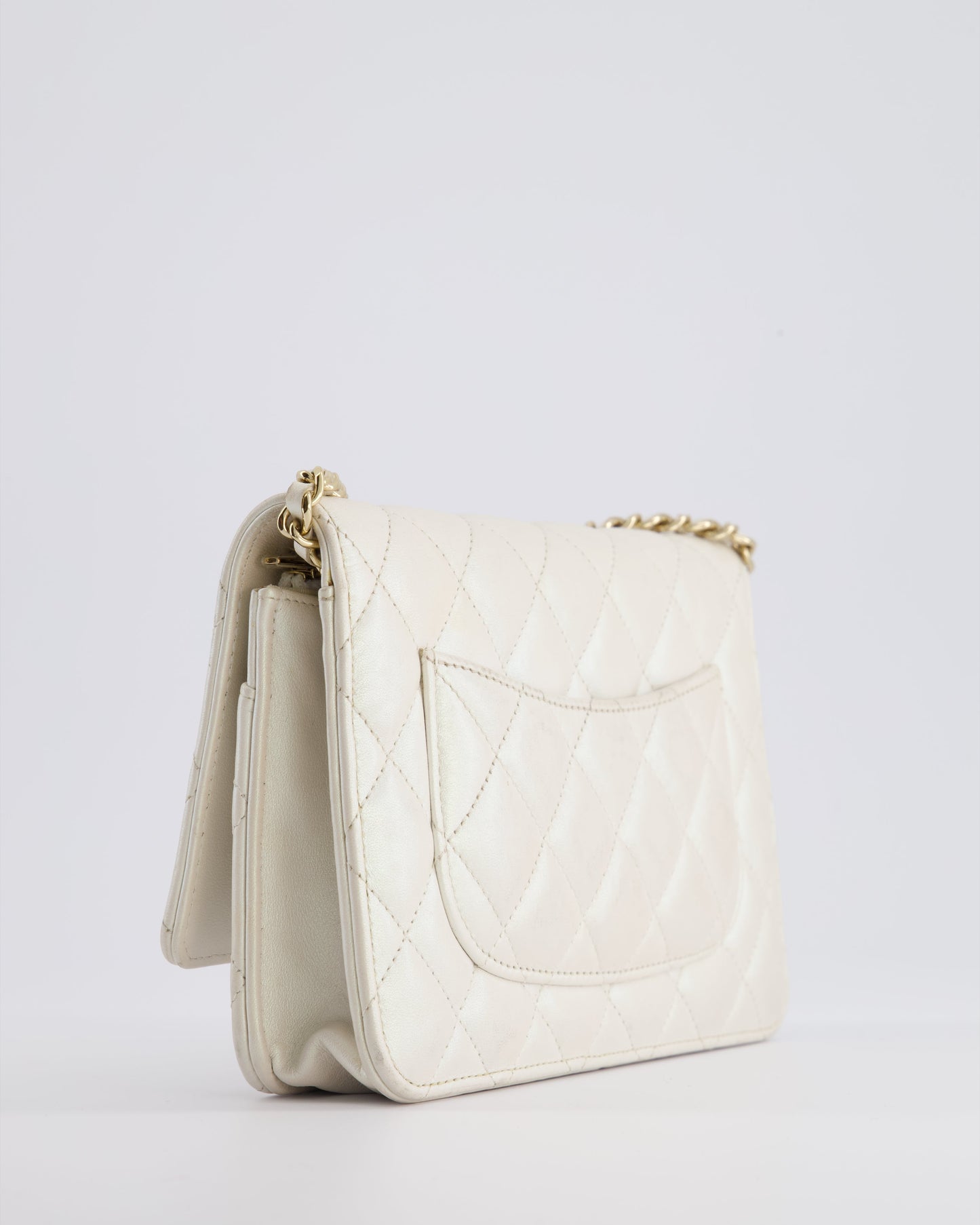 *HOT* Chanel Pearlescent Off-White Wallet on Chain Bag in Calfskin Leather with Champagne Gold Hardware