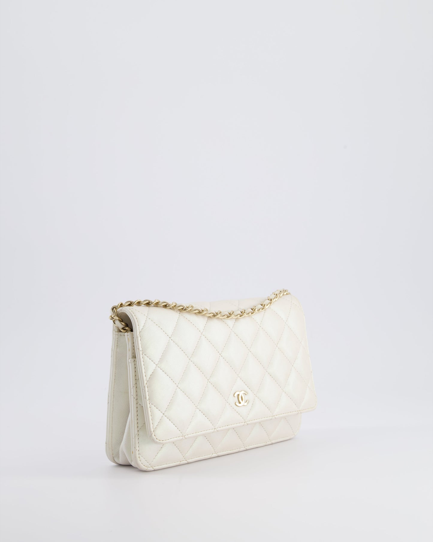 *HOT* Chanel Pearlescent Off-White Wallet on Chain Bag in Calfskin Leather with Champagne Gold Hardware