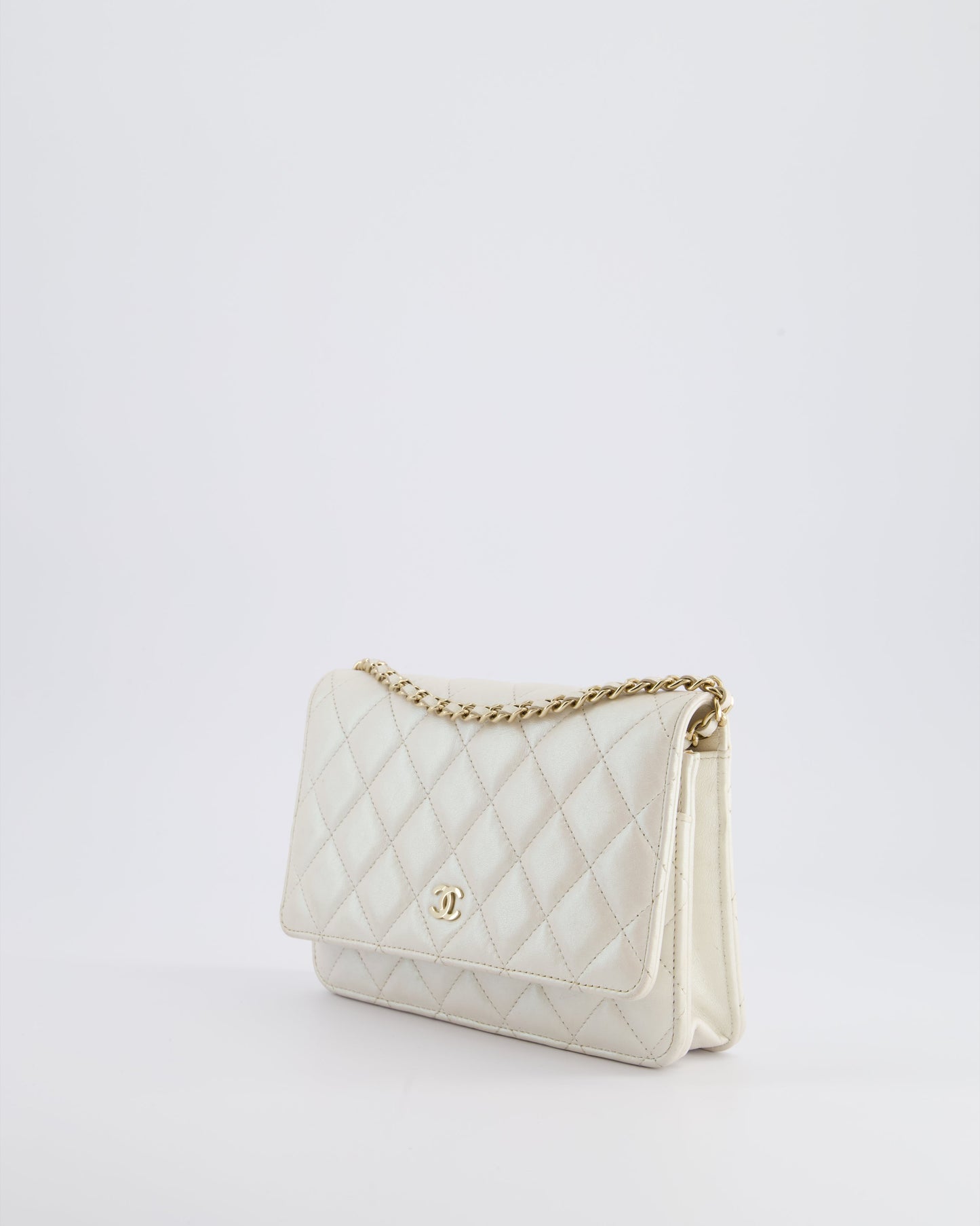 *HOT* Chanel Pearlescent Off-White Wallet on Chain Bag in Calfskin Leather with Champagne Gold Hardware