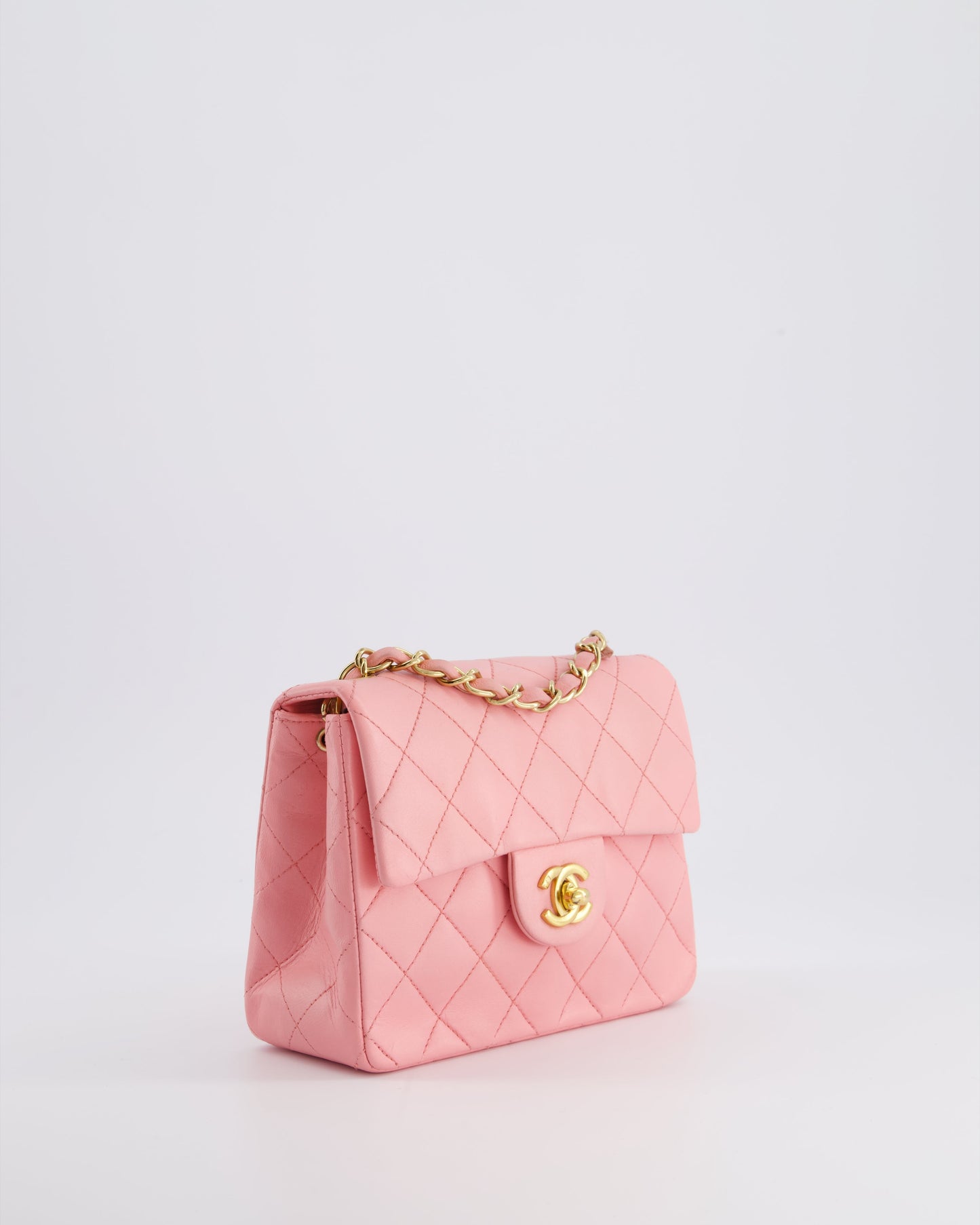 *RARE* Chanel Vintage Bubblegum Pink Mini Square Flap Bag in Lambskin Leather with 24K Gold Hardware