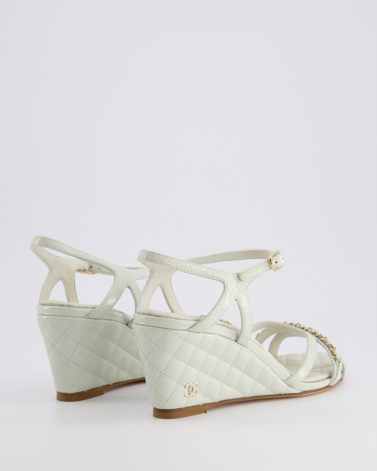 Chanel Light Grey Quilted CC Logo Ankle Strap Wedges in Patent Leather Size EU 39.5
