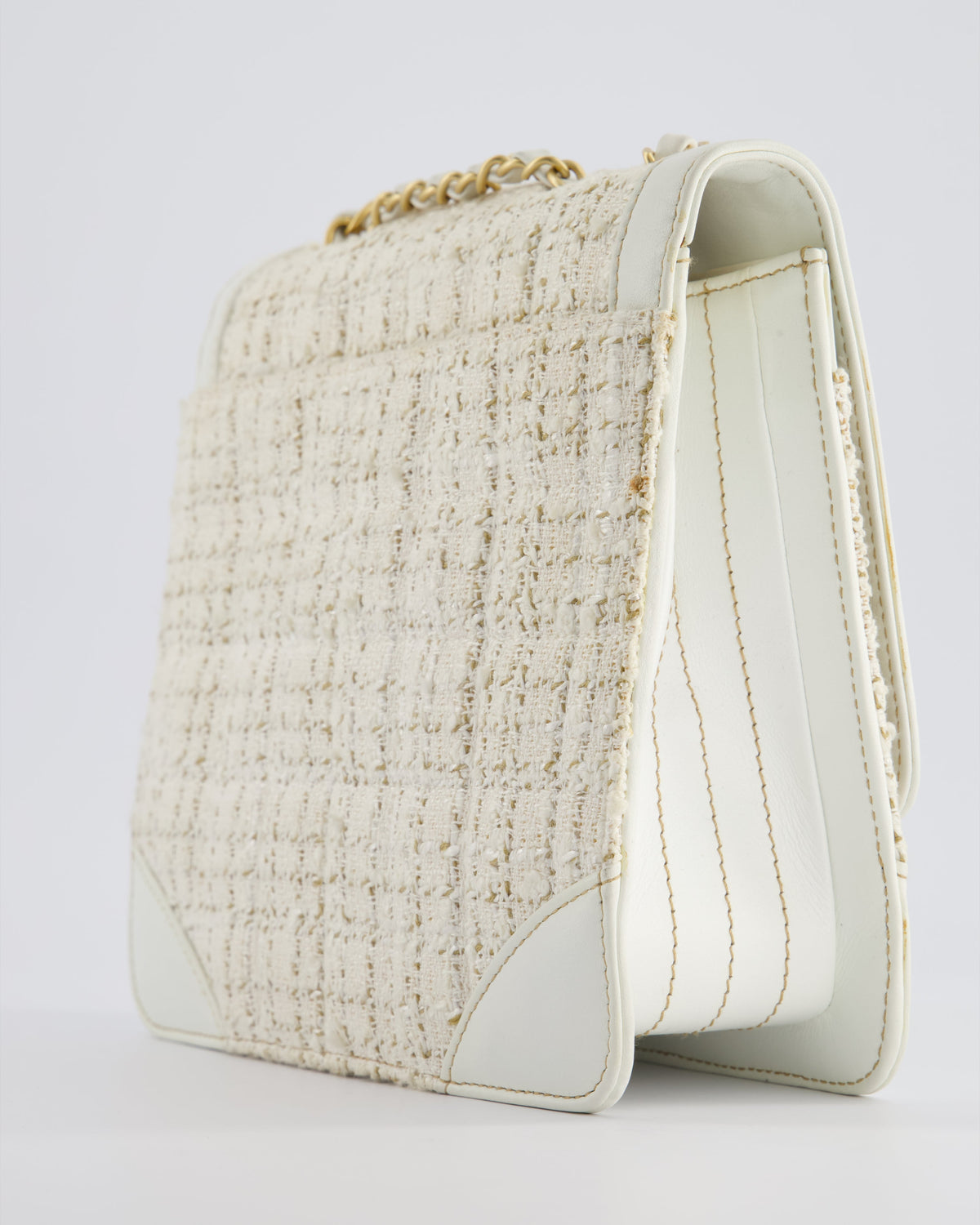 Chanel Small White Tweed and Aged Calfskin Flap Bag with Brushed Gold Hardware