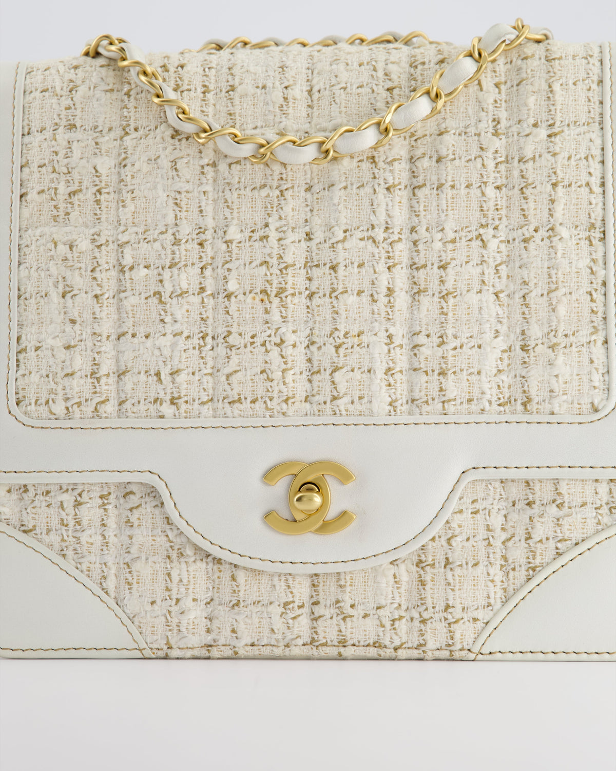 Chanel Small White Tweed and Aged Calfskin Flap Bag with Brushed Gold Hardware