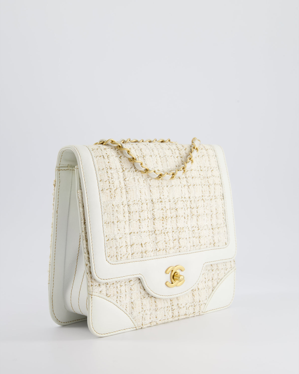 Chanel Small White Tweed and Aged Calfskin Flap Bag with Brushed Gold Hardware