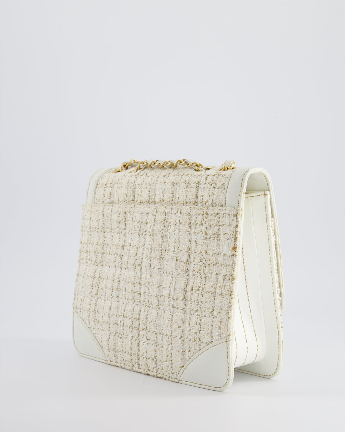 Chanel Small White Tweed and Aged Calfskin Flap Bag with Brushed Gold Hardware