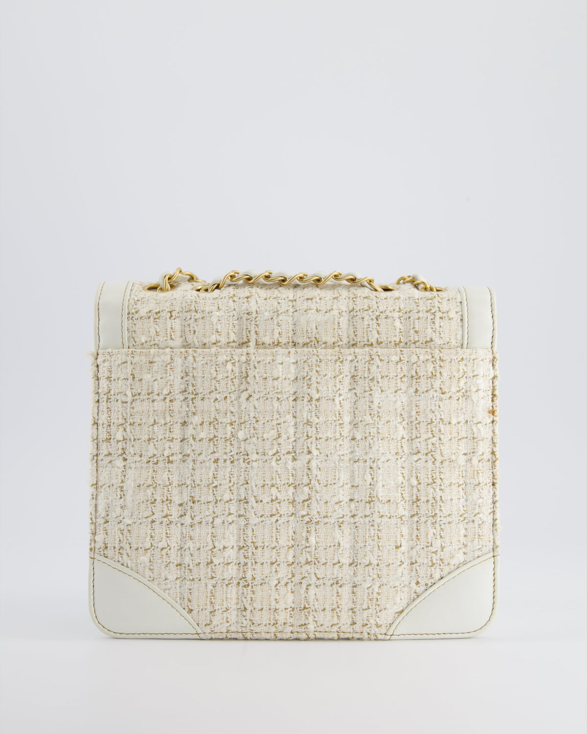 Chanel Small White Tweed and Aged Calfskin Flap Bag with Brushed Gold Hardware