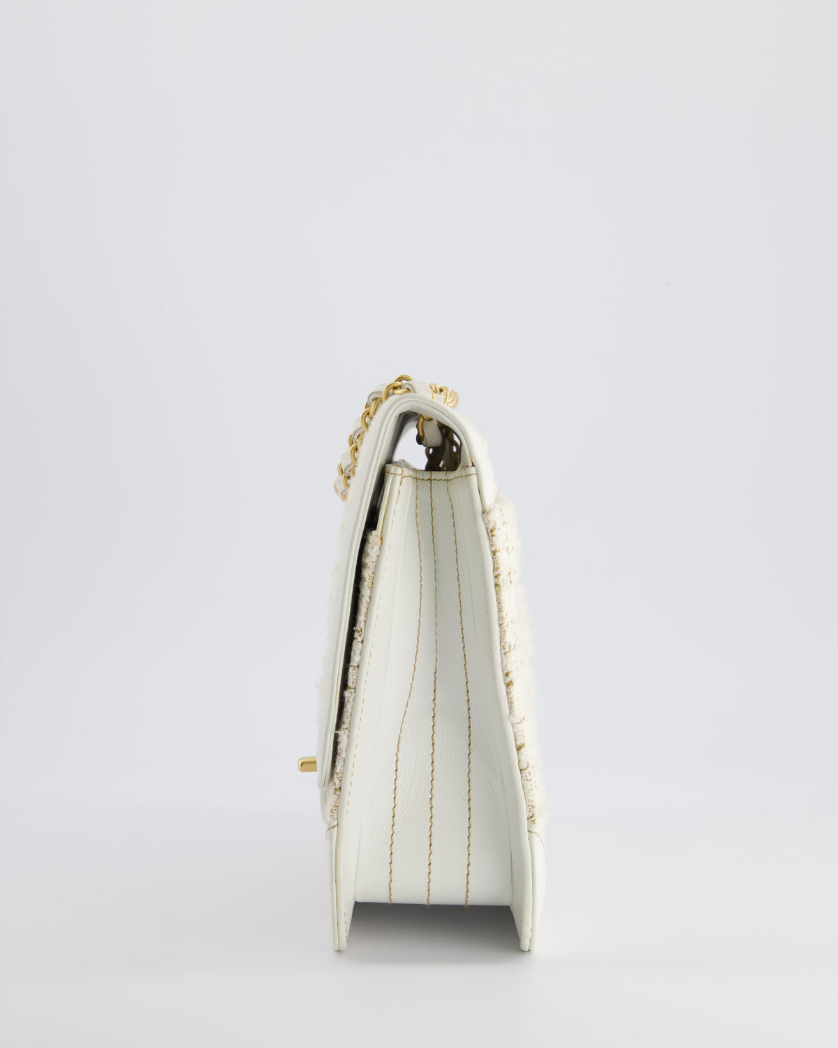 Chanel Small White Tweed and Aged Calfskin Flap Bag with Brushed Gold Hardware