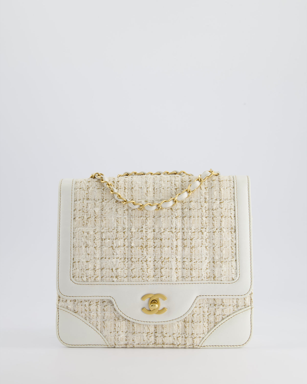 Chanel Small White Tweed and Aged Calfskin Flap Bag with Brushed Gold Hardware