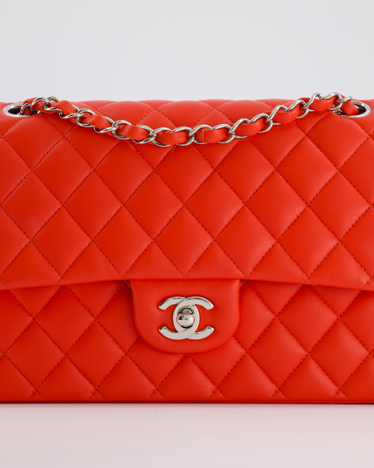 Chanel Scarlet Red Medium Classic Double Flap Bag in Lambskin Leather with Silver Hardware