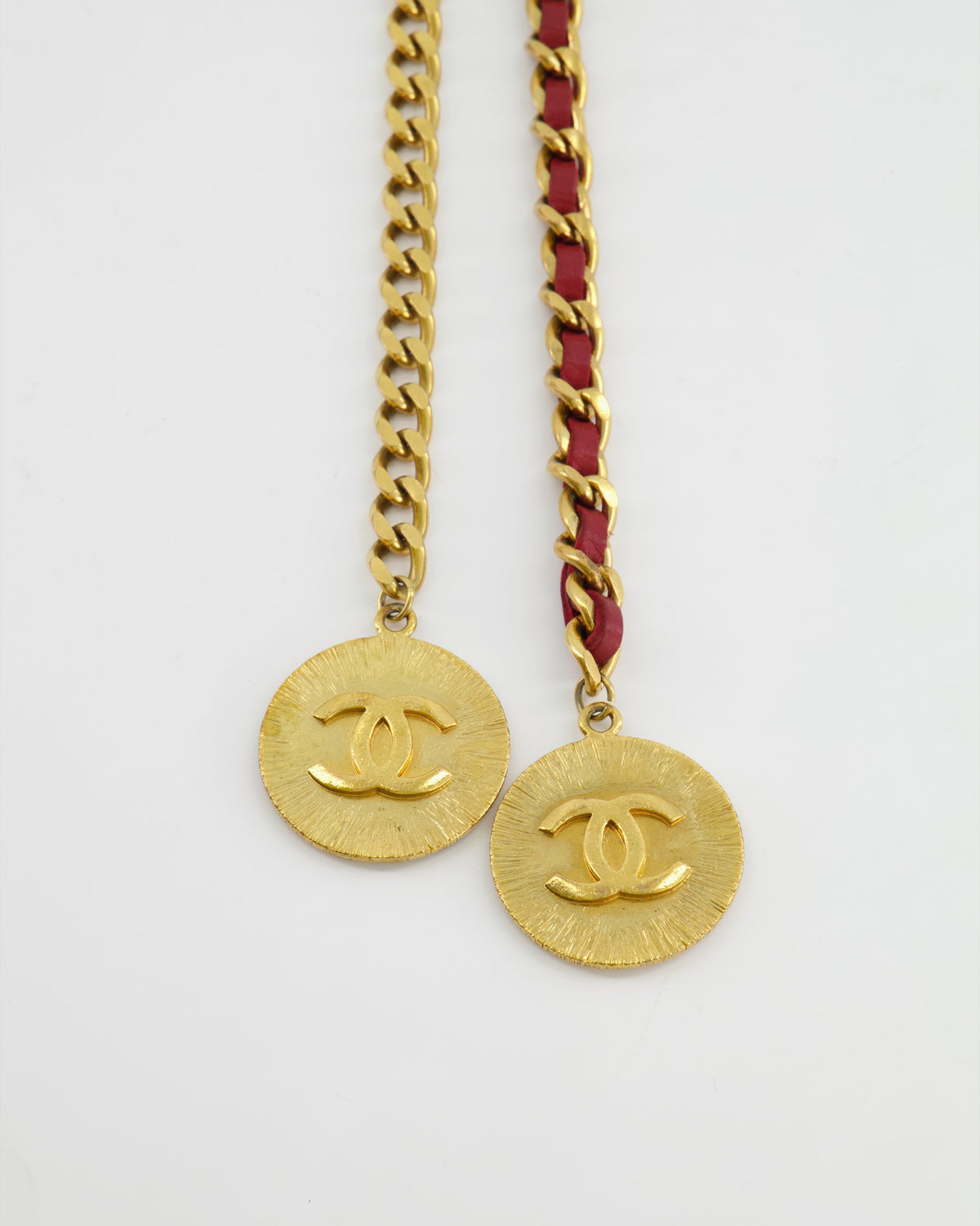 Chanel Vintage Burgundy Leather Belt with Gold Chain and CC Medallion Gold Details
