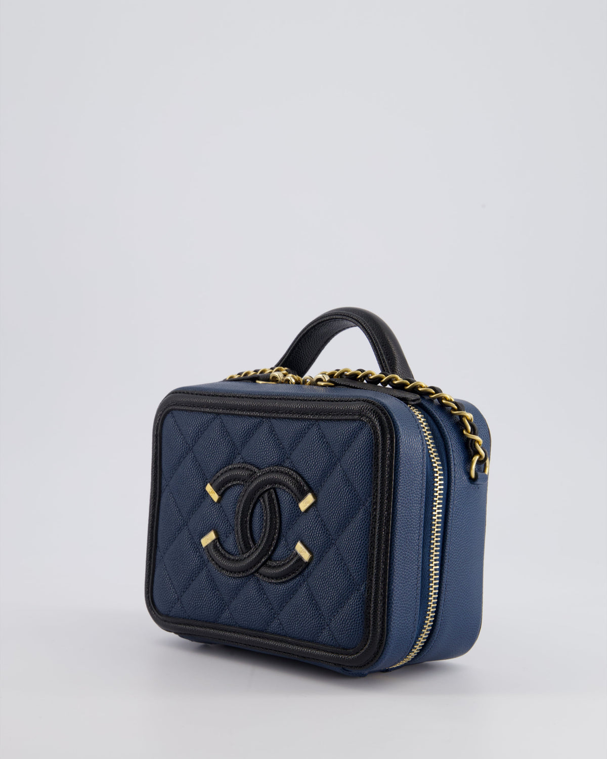 Chanel Navy and Black Small CC Vanity Case Bag in Caviar Leather with Brushed Gold Hardware