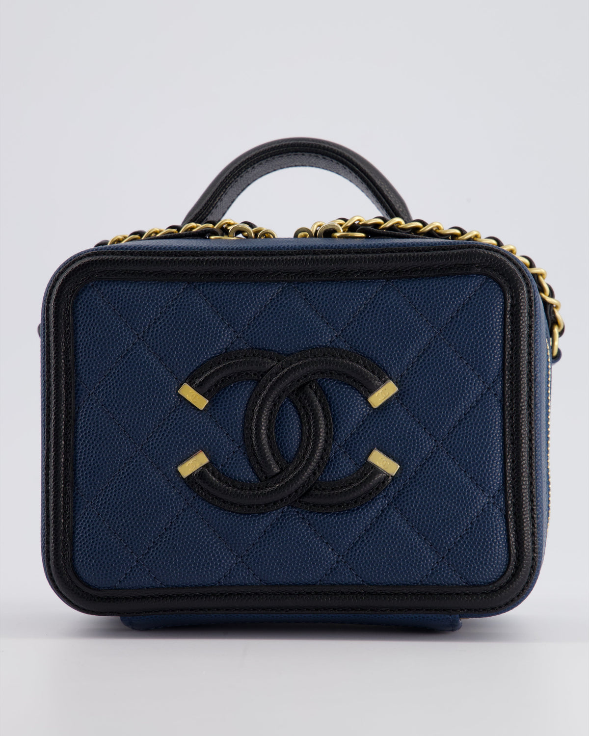 Chanel Navy and Black Small CC Vanity Case Bag in Caviar Leather with Brushed Gold Hardware