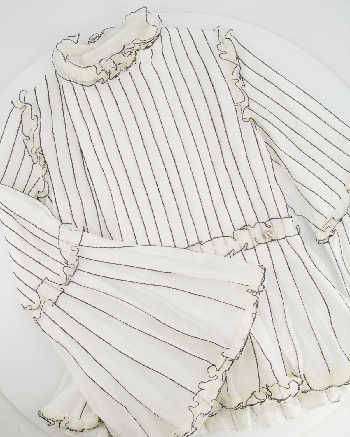Chanel Spring 2017 White Silk Striped Ruffle Long-Sleeve Top Size FR 36 (UK 8)