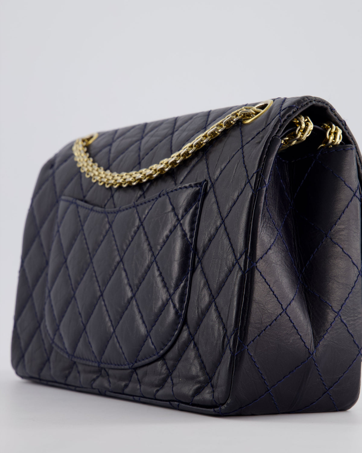 Chanel Navy Medium Reissue 2.55 Double Flap Bag in Quilted Crumpled Lambskin with Gold Hardware
