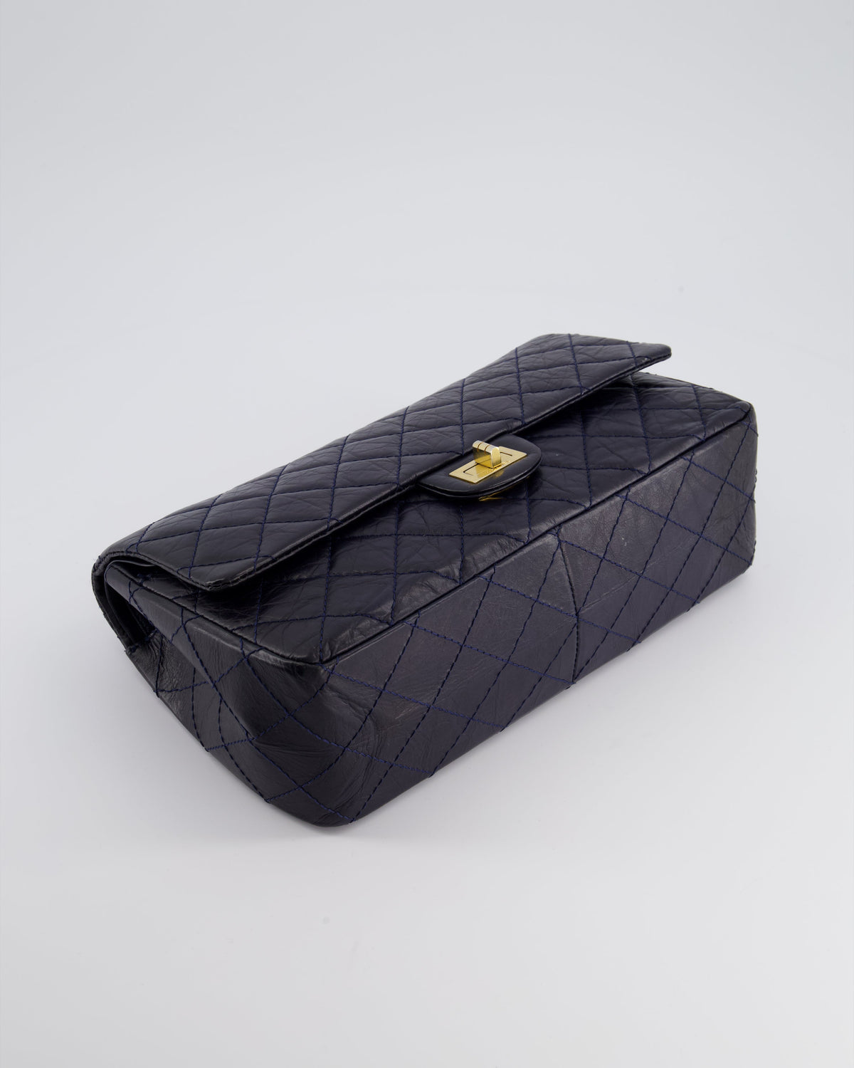 Chanel Navy Medium Reissue 2.55 Double Flap Bag in Quilted Crumpled Lambskin with Gold Hardware