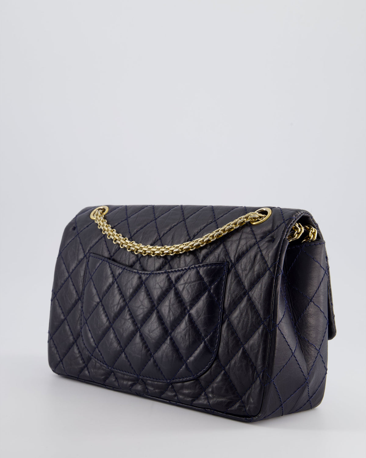 Chanel Navy Medium Reissue 2.55 Double Flap Bag in Quilted Crumpled Lambskin with Gold Hardware