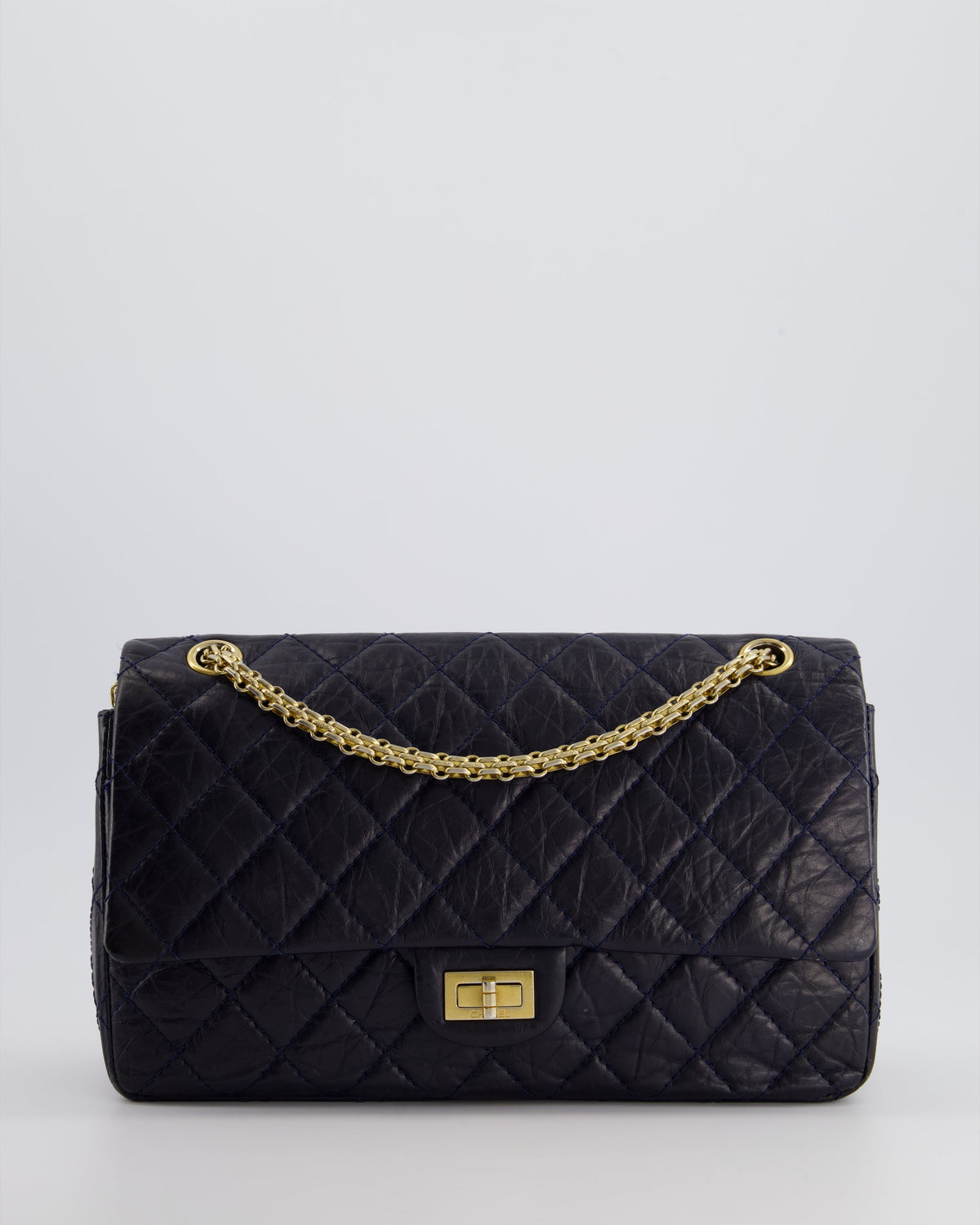 Chanel Navy Medium Reissue 2.55 Double Flap Bag in Quilted Crumpled Lambskin with Gold Hardware
