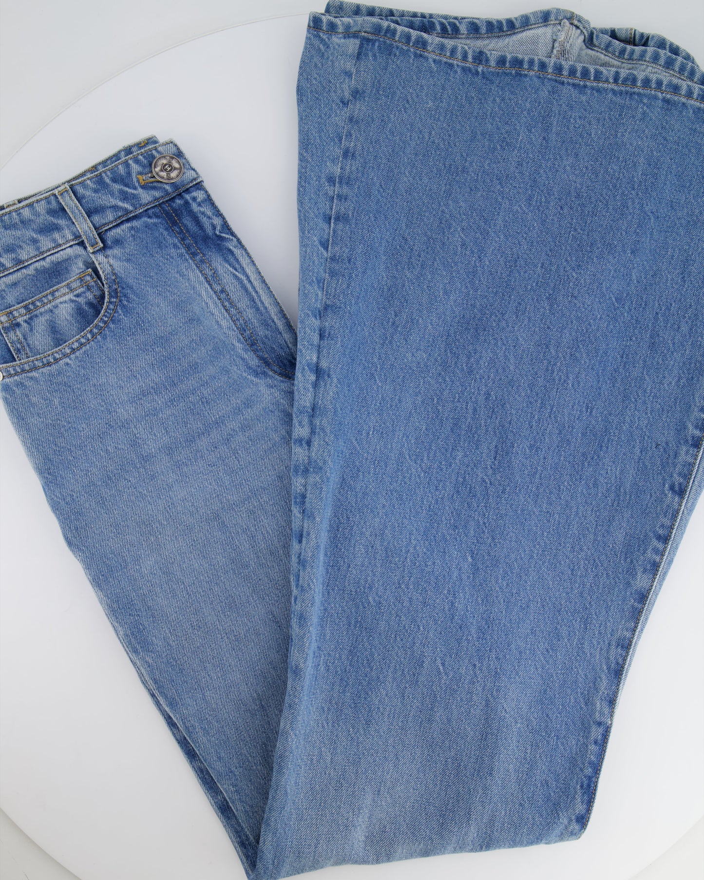 Chanel Blue Bootcut Jeans with Crystal CC Logo Detail Size FR 34 (UK 6)