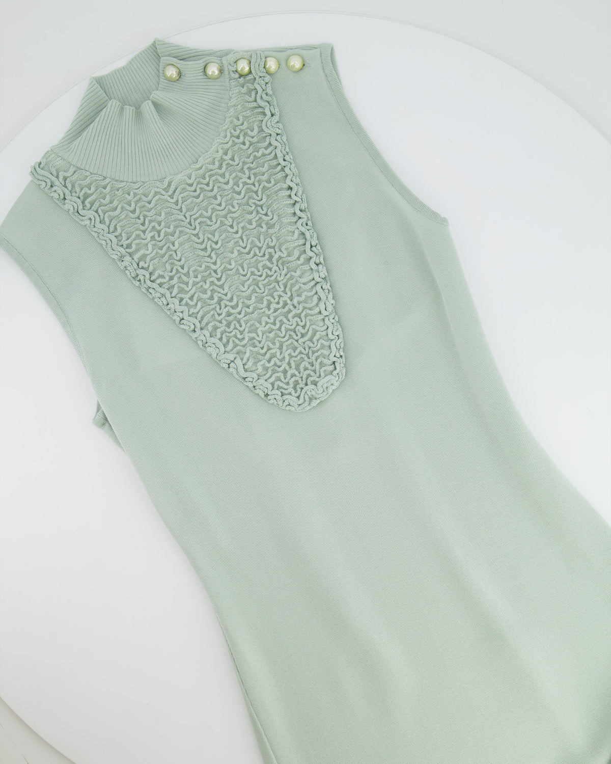 Chanel Pastel Green Textured Sleeveless Midi Dress with CC Pearl Button Details Size FR 36 (UK 8)