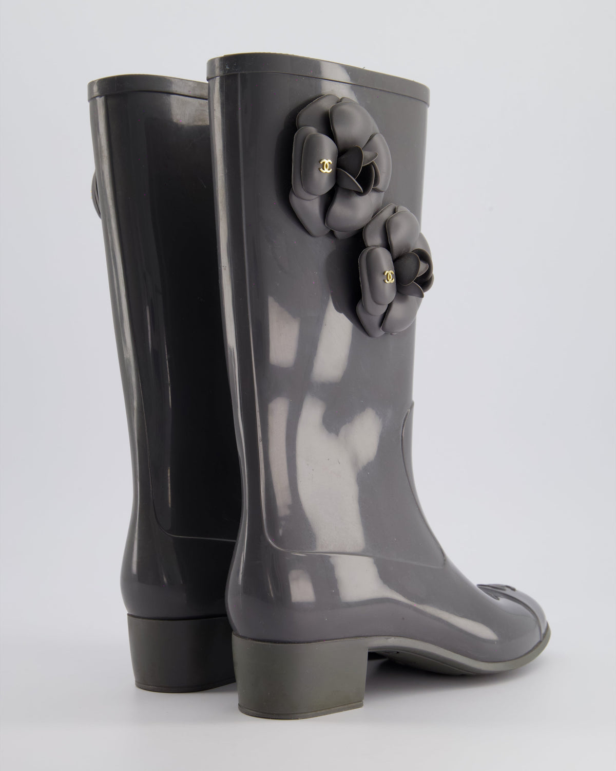 Chanel Stone Grey Rubber Rain Boots with Camelia & CC Logo Detail Size EU 37