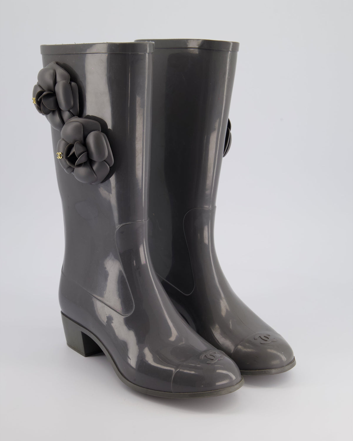 Chanel Stone Grey Rubber Rain Boots with Camelia & CC Logo Detail Size EU 37
