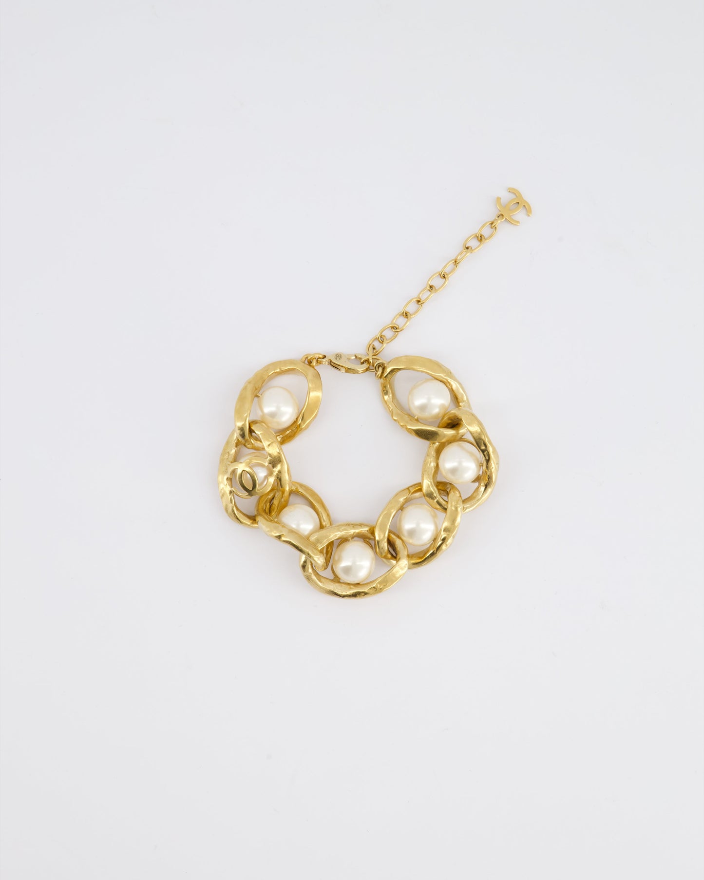 Chanel Cruise 2020 Champagne Gold CC Link Bracelet with Pearl Detail