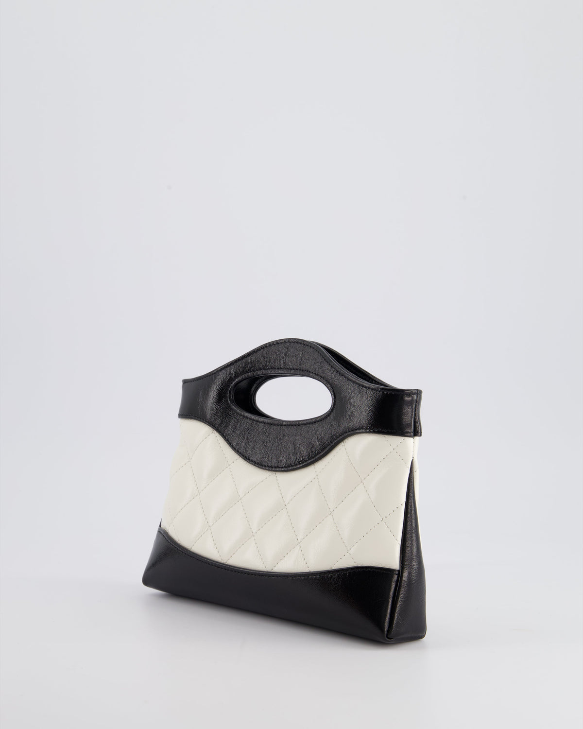 Chanel Mini 31 Clutch Bag with Chain in Black and White Shiny Calfskin Leather with Champagne Gold Hardware