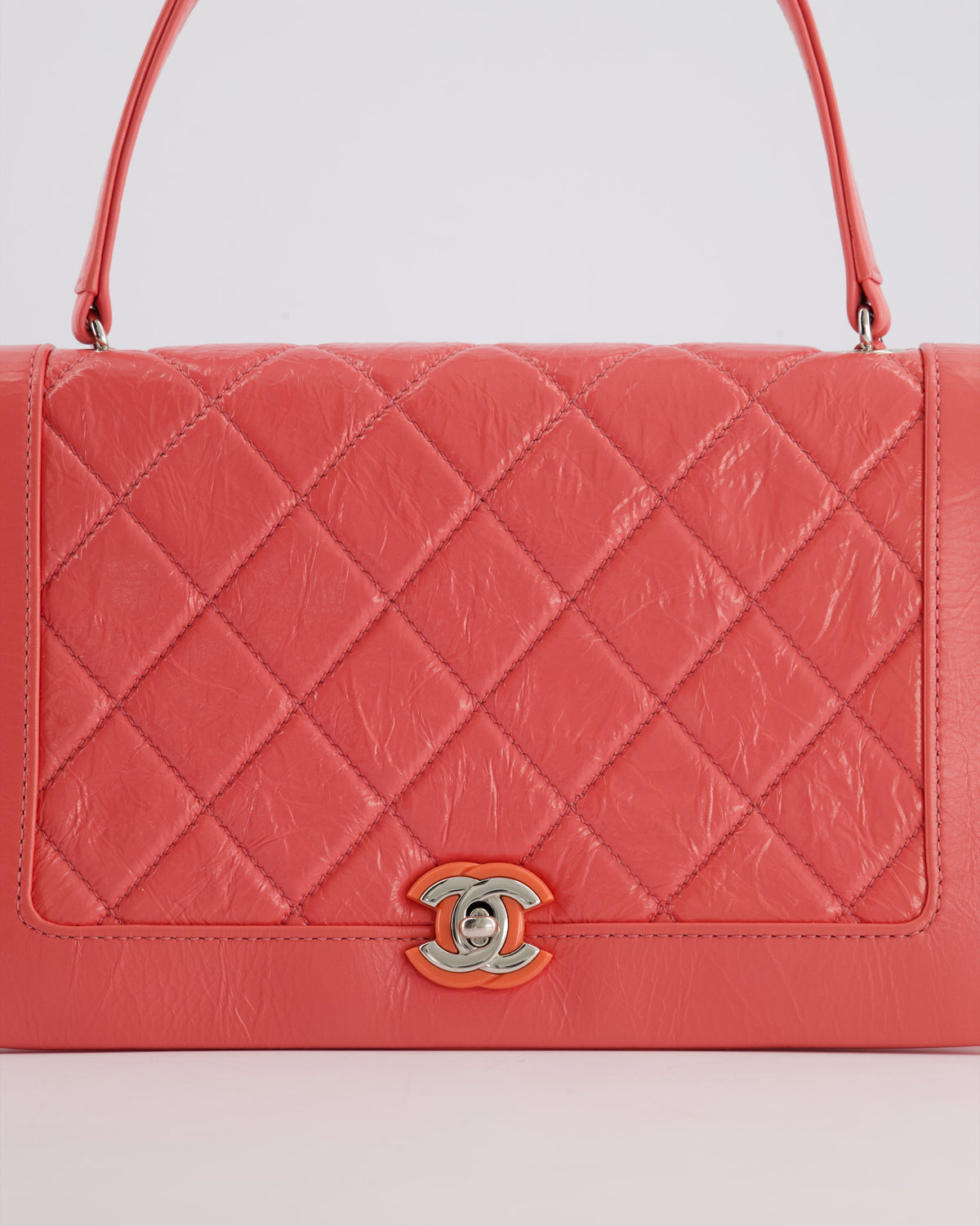 Chanel Pink Patent Crinkled Calfskin Leather Flap Bag with Enamel CC Logo and Silver Hardware